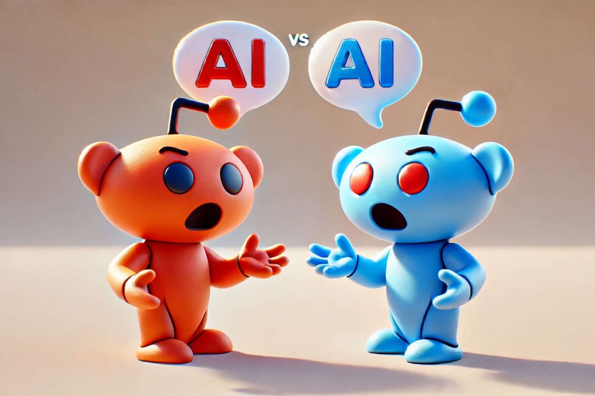 Two Reddit alien mascots, one orange and one blue, 他们头顶上的语音气泡用红色和蓝色写着人工智能, respectively, and vs in between.